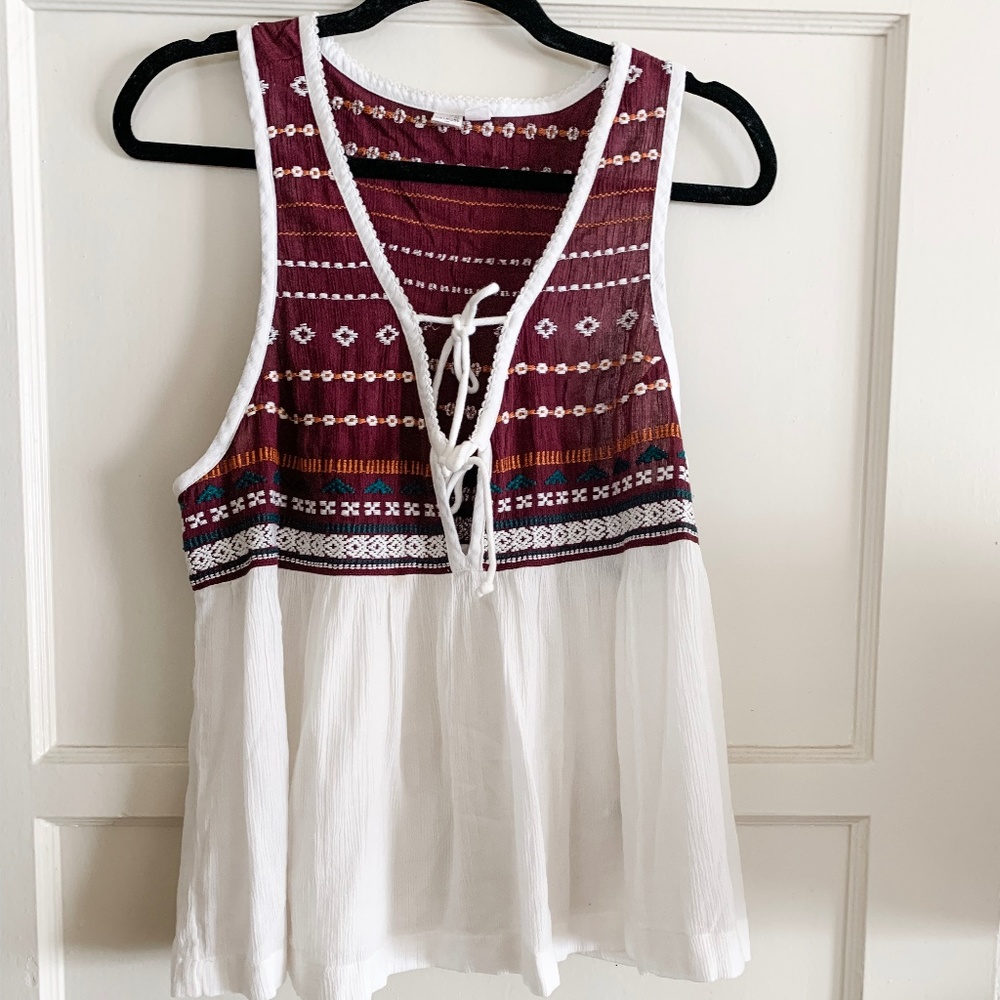 Boho Embroidered Yoke Front Tie Racerback Tank